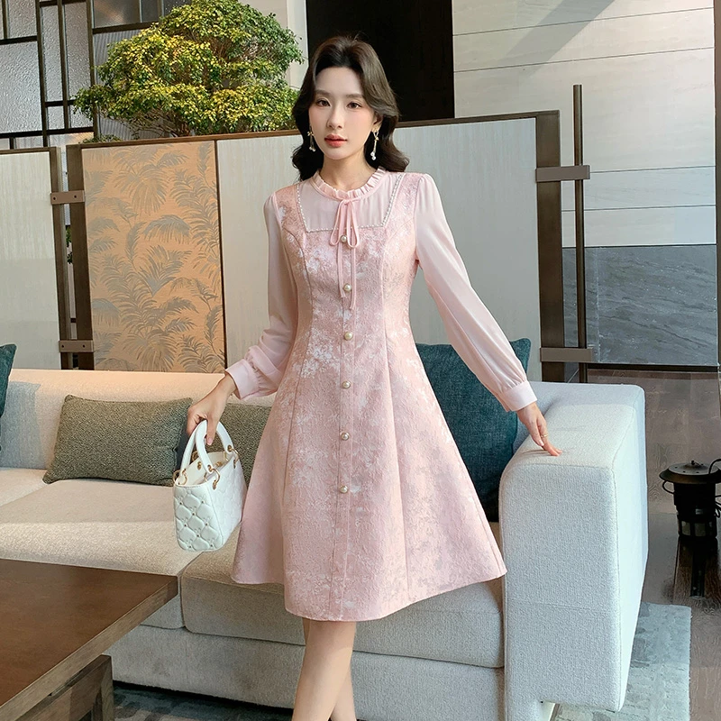 奢姿大码女装2025春季减龄提花拼接裙子胖妹妹蝴蝶结时尚连衣裙