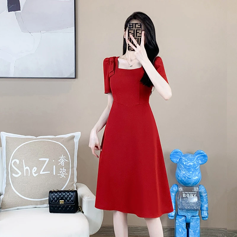 奢姿【佳人】大码淑女气质方领蝴蝶结装饰连衣裙9932852658时尚柔软
