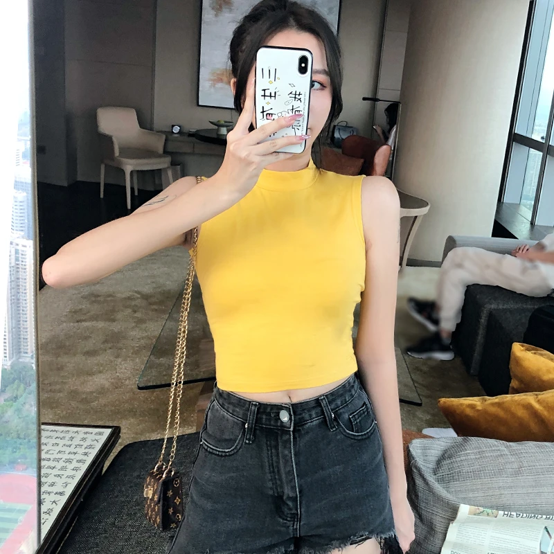 新款吊带背心女内搭短款半高领打底无袖紧身性感露脐高腰新款夏季