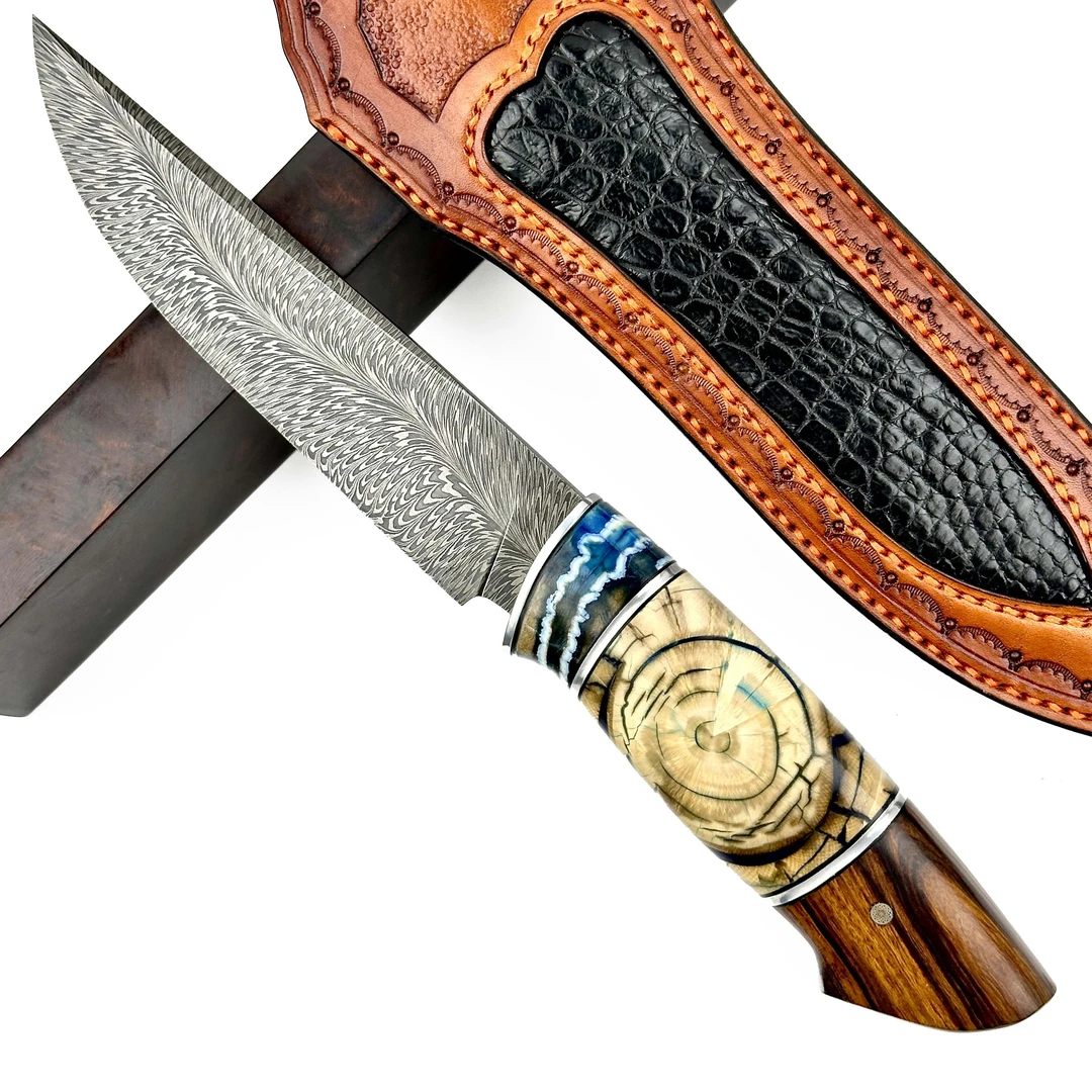 【無限】S羽毛大马士革折叠锻打猛犸臼齿高端收藏手工水果刀