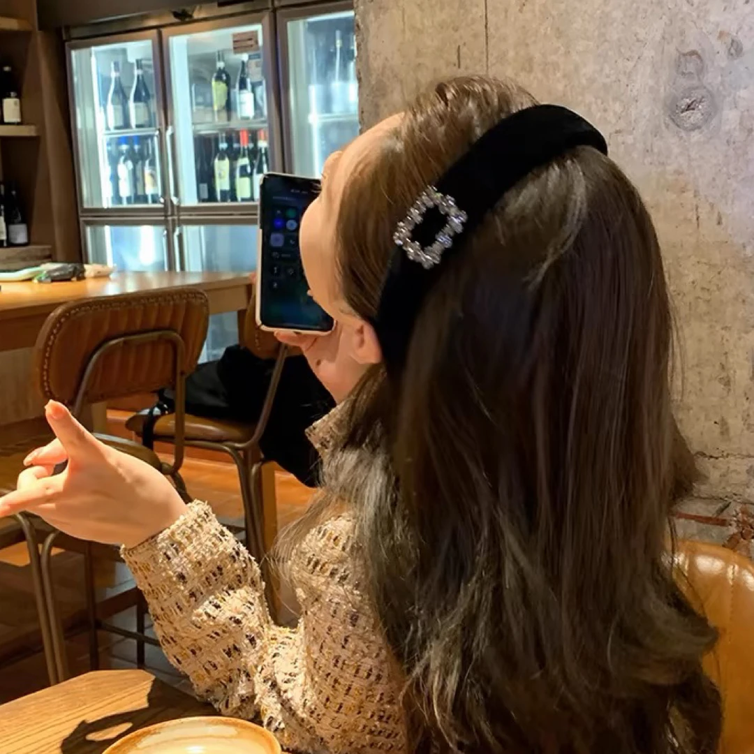 YISLON/早秋气质丝绒复古枪黑色高级感时尚方形发箍3CM宽边