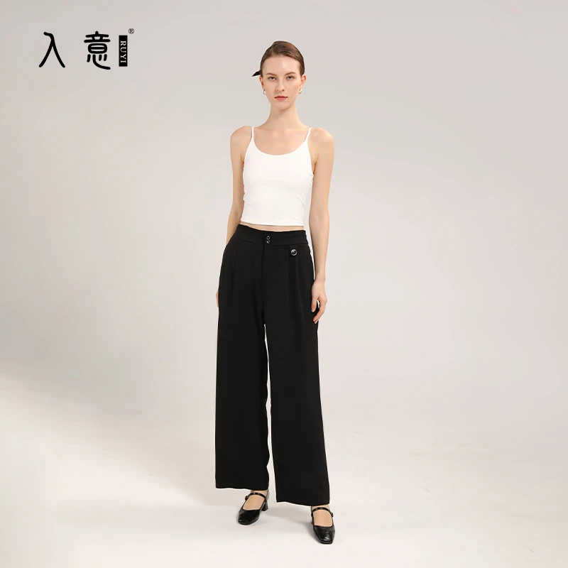 【T台裤】夏季女休闲直筒高腰时尚设计师通勤百搭宽松扣子长裤子