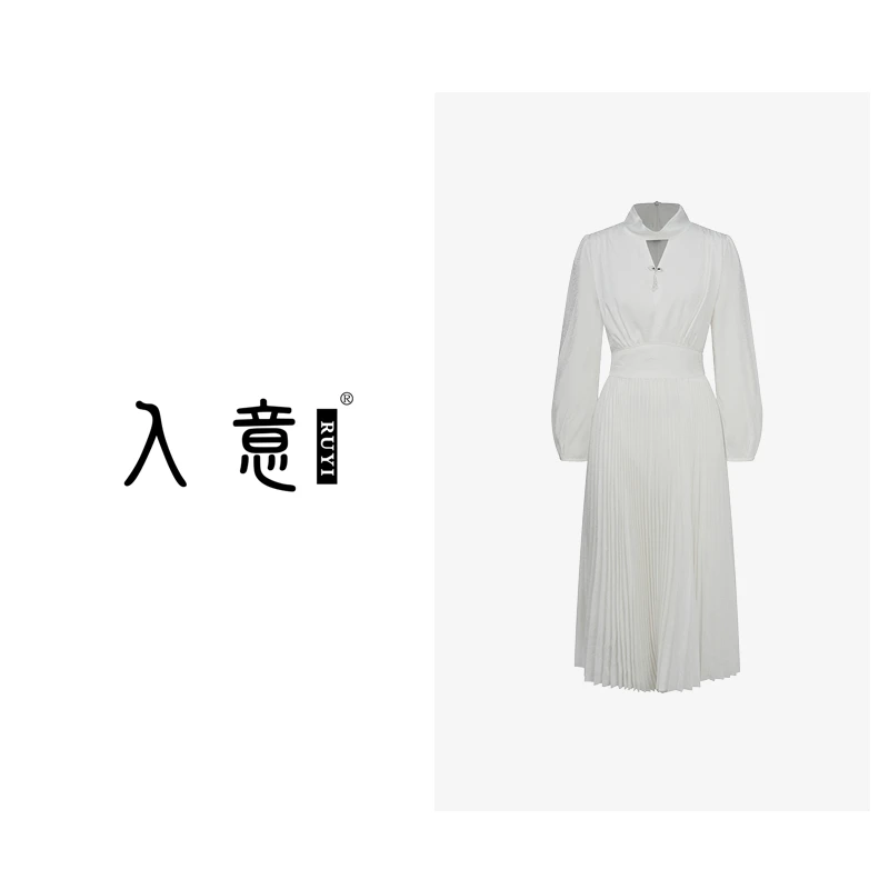 【JASMINE白茉莉】2025春季镂空V领中长款气质优雅百褶裙女装连衣裙