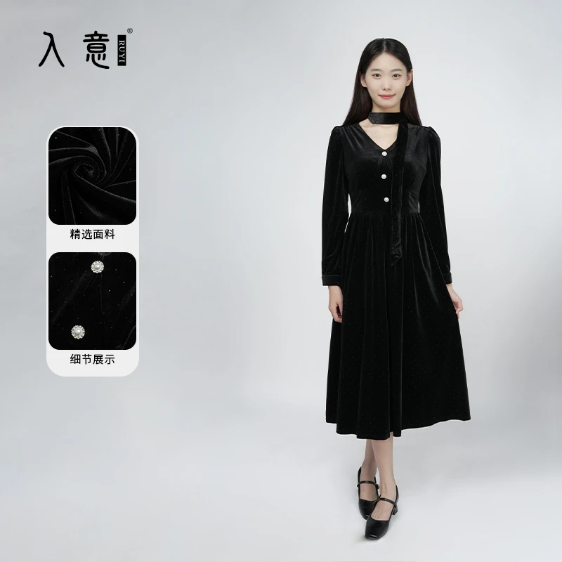 徐子宜2024秋冬新款丝绒法式连衣裙V领复古宫廷风女优雅显瘦高腰