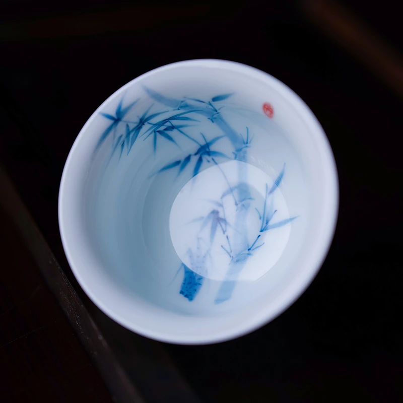 家用影青陶瓷主人杯手绘釉下彩中式青花大号品茗茶杯普洱杯压手杯