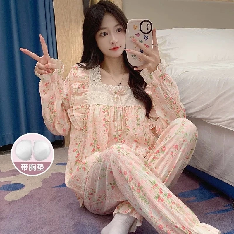 找对应编码300~399【甄彩家居服】夏季韩版甜美拍睡裙套装带胸垫