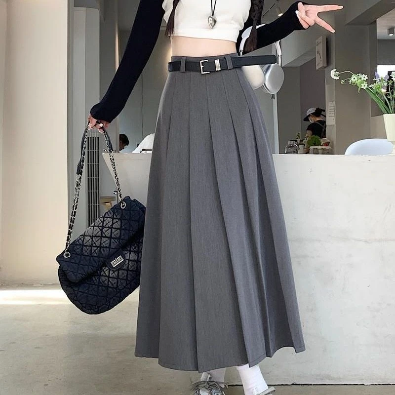 西装灰色半身裙女春秋新款高腰a字小众半身裙长裙遮胯显瘦伞裙