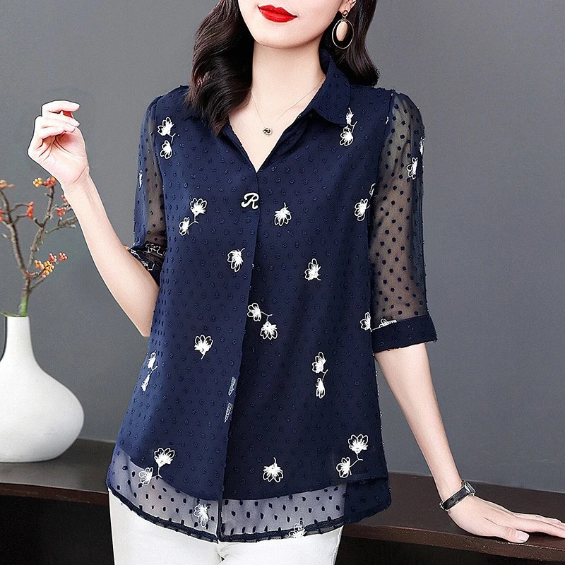 翻领雪纺衫女新款碎花七分袖上衣宽松大码女装印花中袖衬衣小衫