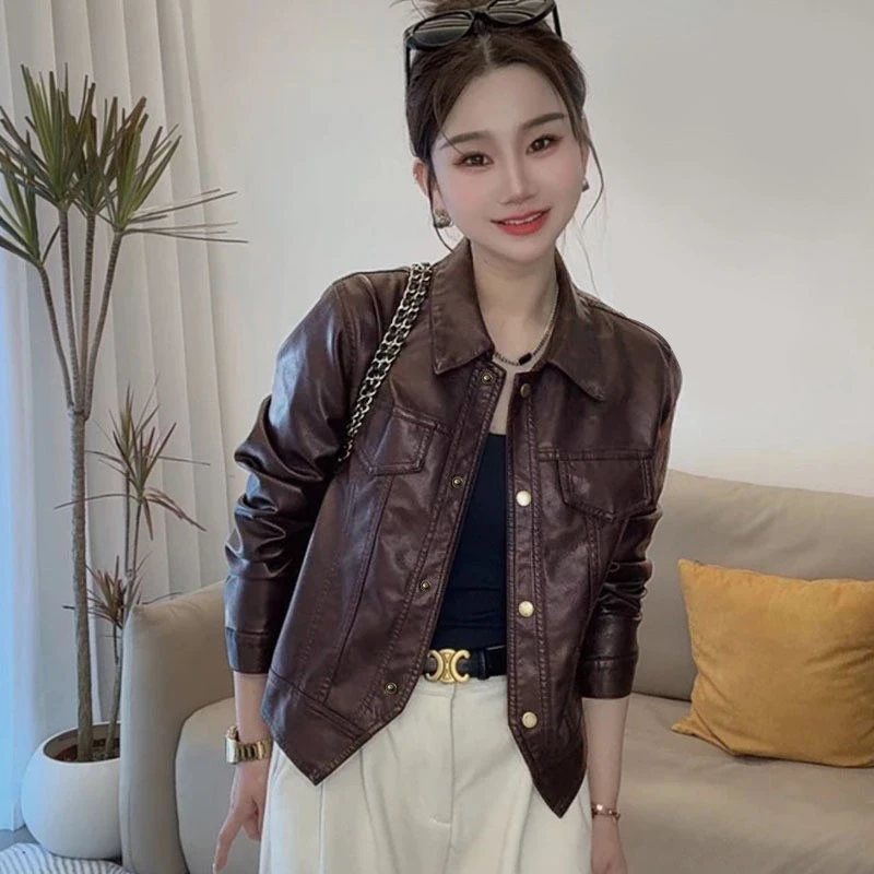 全网低价春秋季薄款洋气时尚短款翻领皮衣
