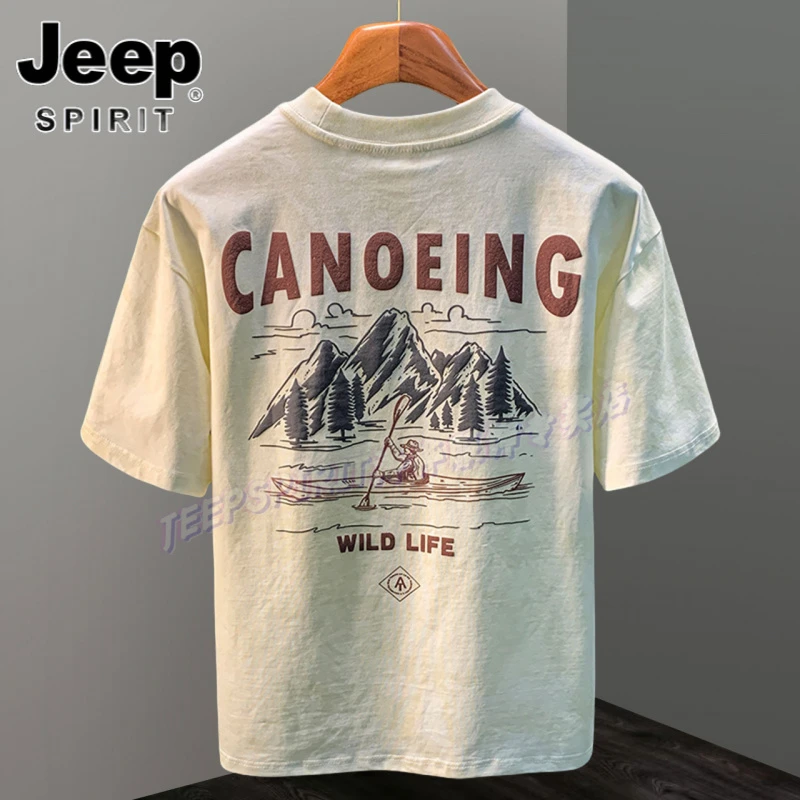 Jeep吉普夏季时尚潮流印花短袖t恤衫复古做旧体恤吸汗透气上衣服