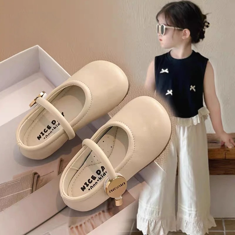 ABC韩版童鞋2025春秋新款简约风圆扣纯色单鞋儿童豆豆鞋软底皮鞋