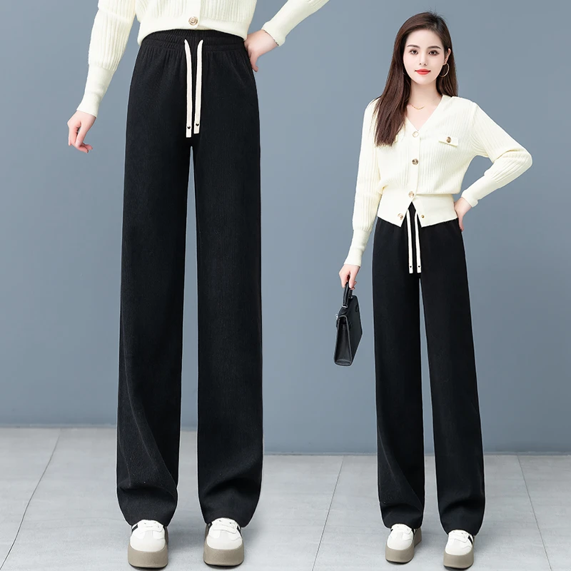 秋冬季外穿阔腿裤女加绒加厚高腰显瘦直筒裤保暖宽松大码休闲裤子