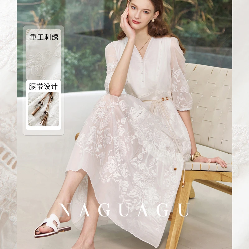 【重工天丝白茶刺绣裙】耗料5米定位绣花 法式浪漫莱赛尔连衣裙