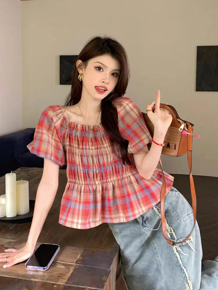 泡泡袖方领设计感小众韩版显瘦短款上衣