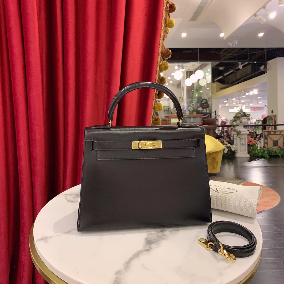 95新 Hermes/爱马仕 GGSkelly28黑色金扣box手提包29153064