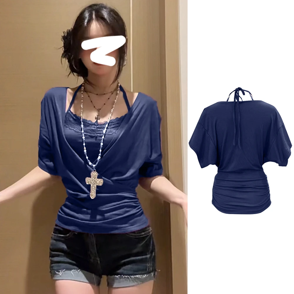 纯欲辣妹露背不露背双版本大领口V领收腰上衣蕾丝挂脖吊带套装