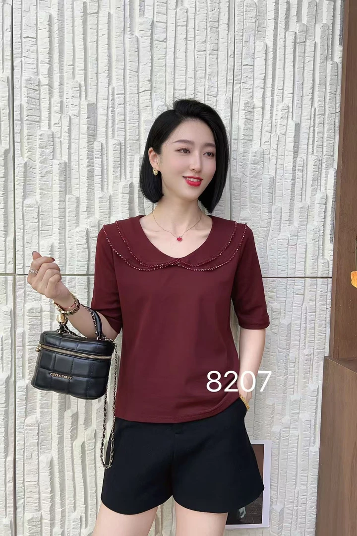 8207早秋新款时尚显瘦百搭气质中袖上衣