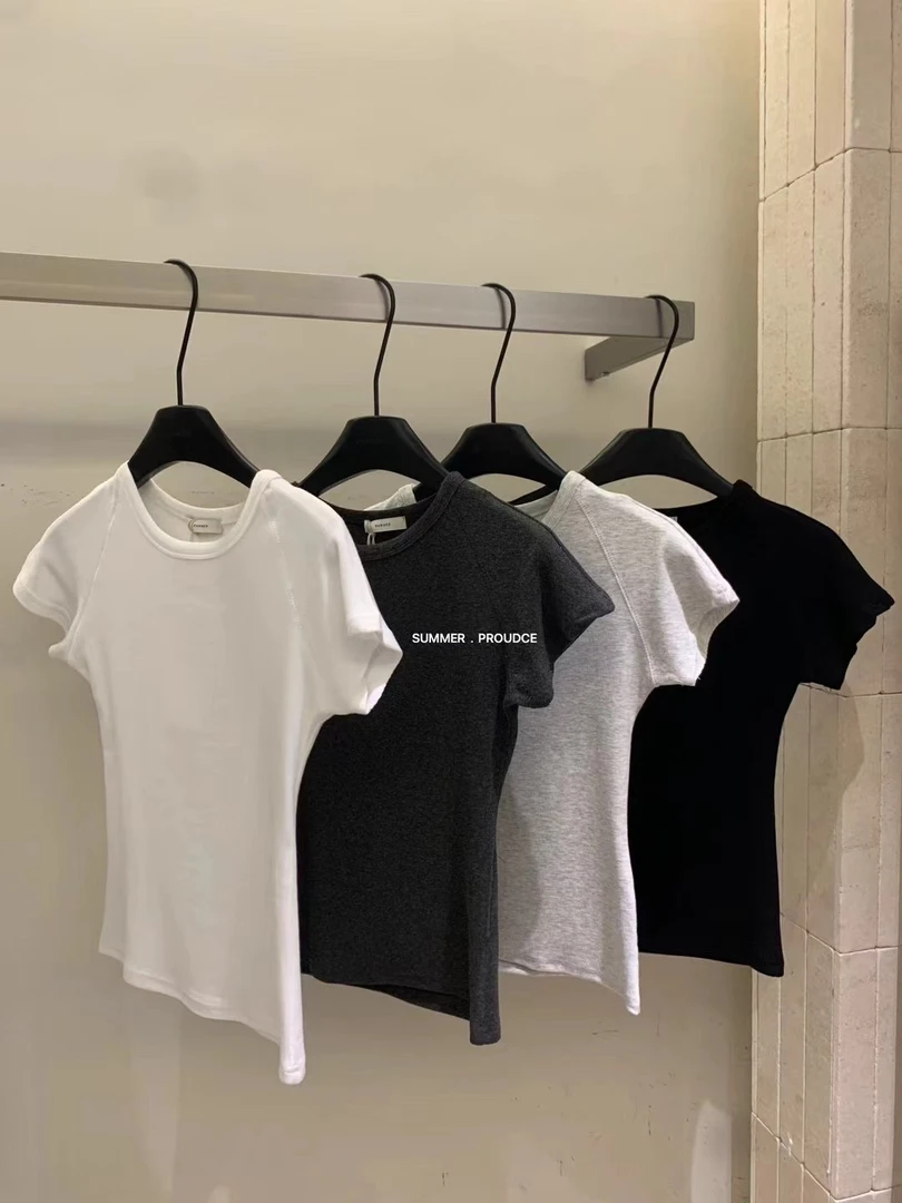 秒变纸片人 韩系休闲简约纯色修身短袖T恤1825