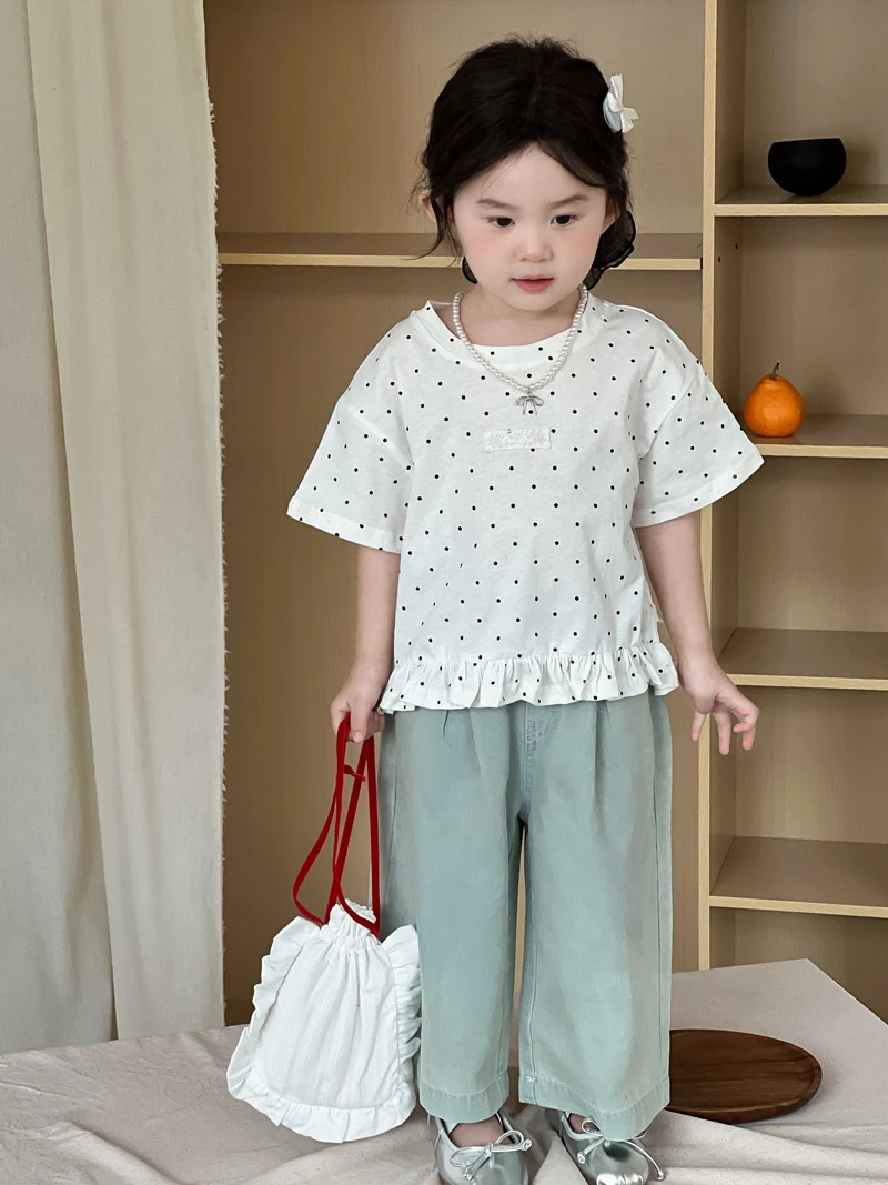麦田季2025夏季韩版女童波点木耳边时髦T恤儿童洋气短袖宝宝上衣