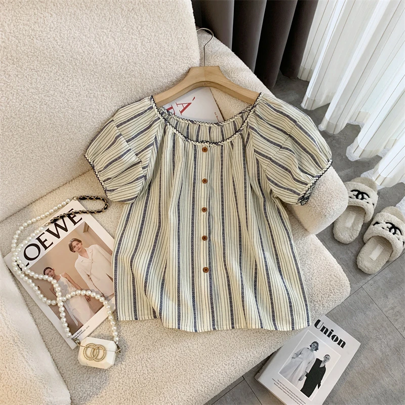 韩版甜美泡泡短袖韩国东大门竖条纹圆领衬衫女短袖上衣百搭泡泡袖
