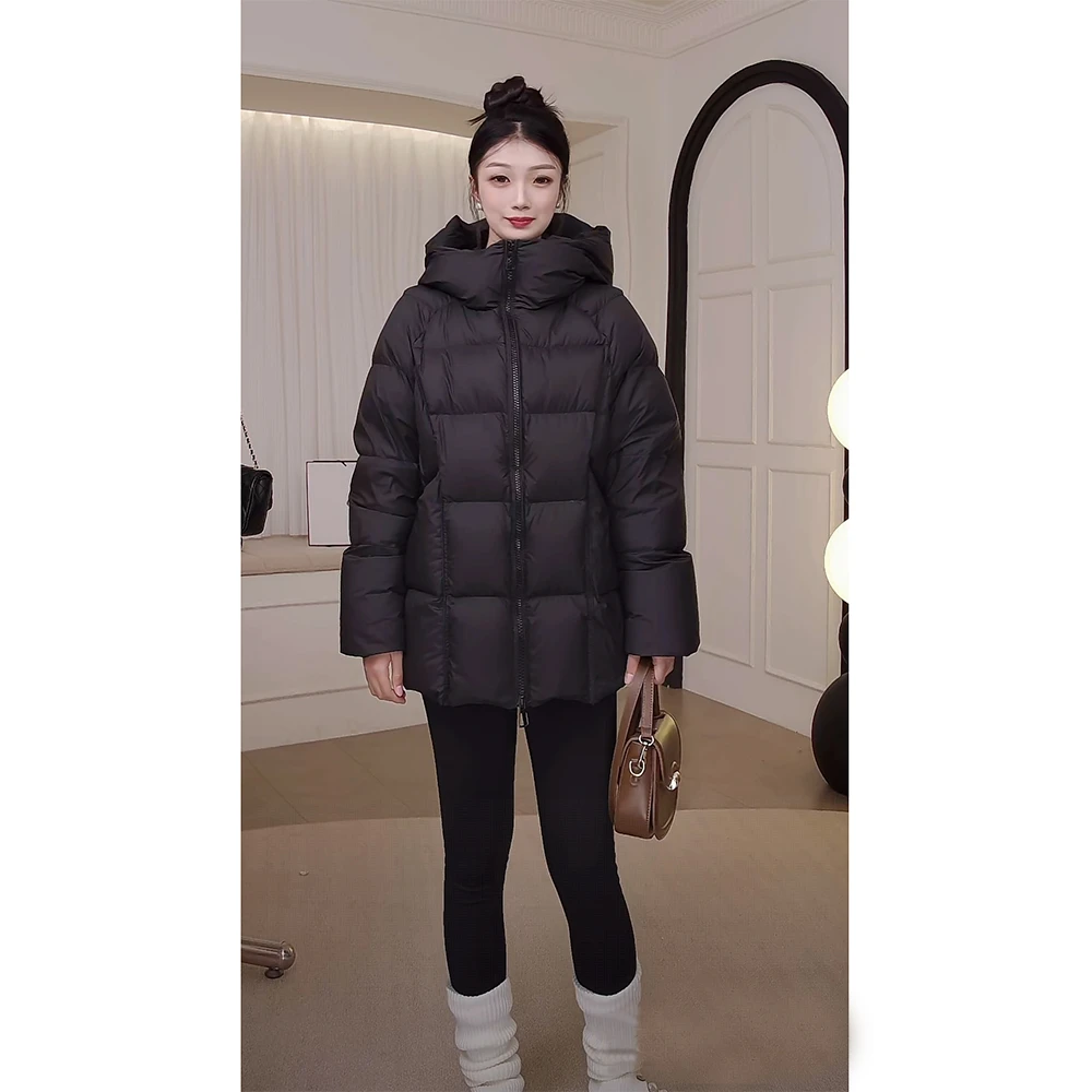 安心95白鸭绒新款2025冬季加厚龟背显瘦泡芙中长款连帽女羽绒服C