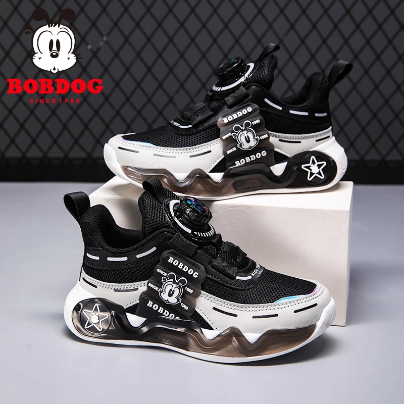 巴布豆男童鞋儿童运动鞋春秋季网面透气中大童旋转纽扣百搭跑步鞋