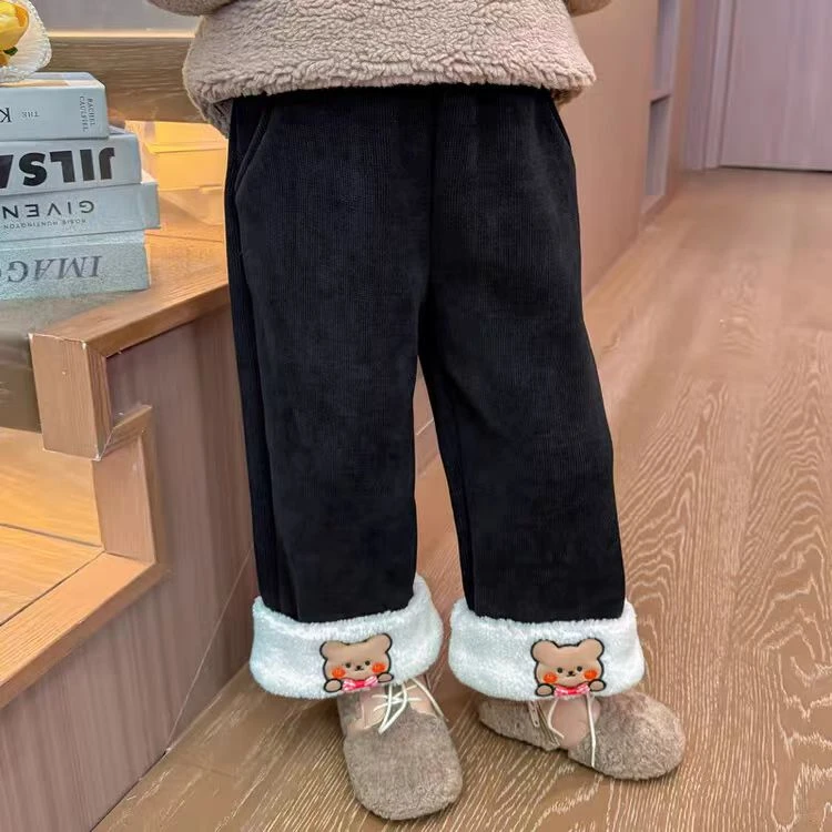 6119小熊秋冬加绒阔腿裤新款儿童卡通加厚裤子女宝宝冬装保暖长裤