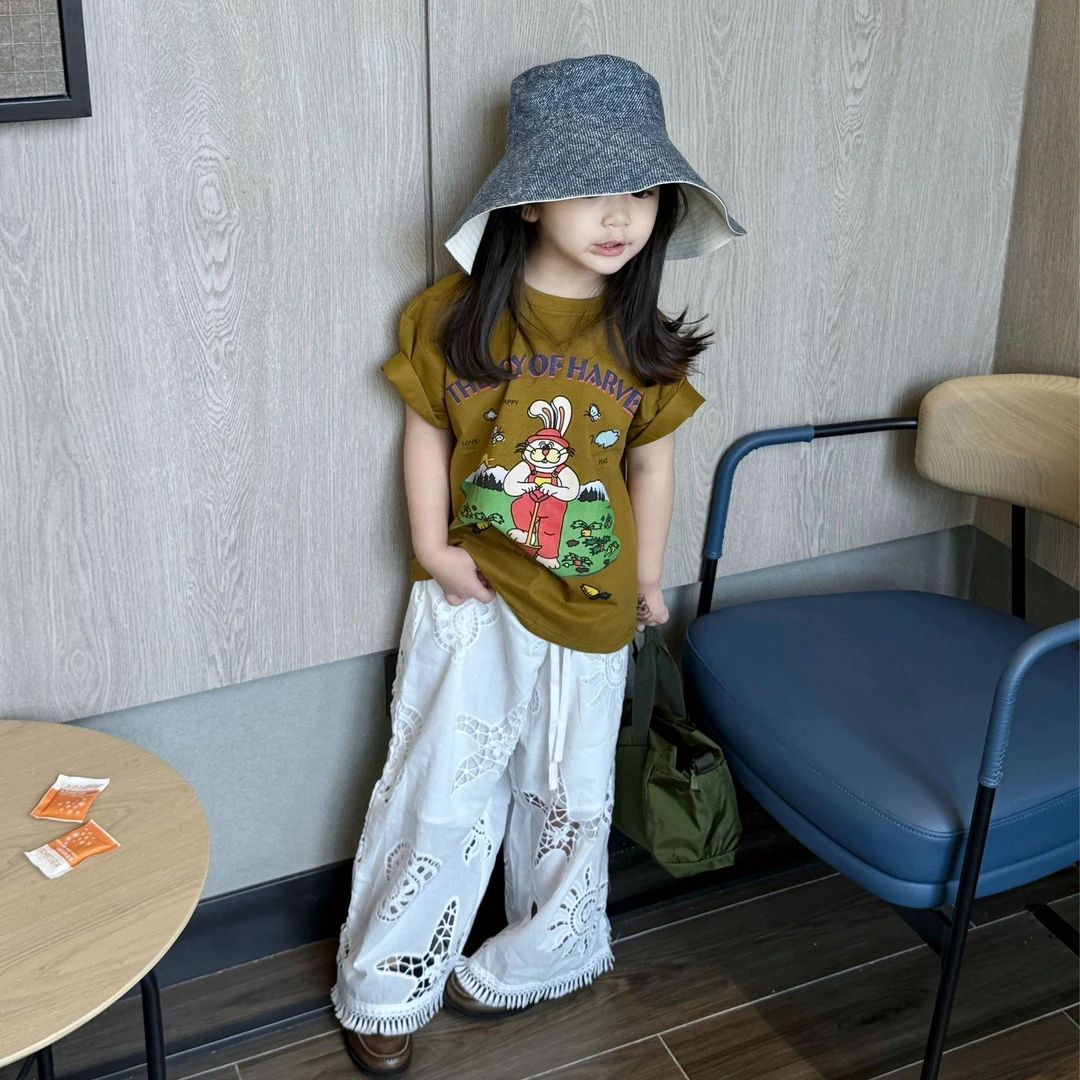 壹妈韩版童装女童夏季套装洋气儿童时髦卡通t恤镂空流苏阔腿裤子