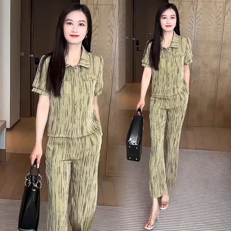 时尚套装女2025夏季新款洋气显瘦冰丝短袖上衣阔腿裤减龄两件套潮