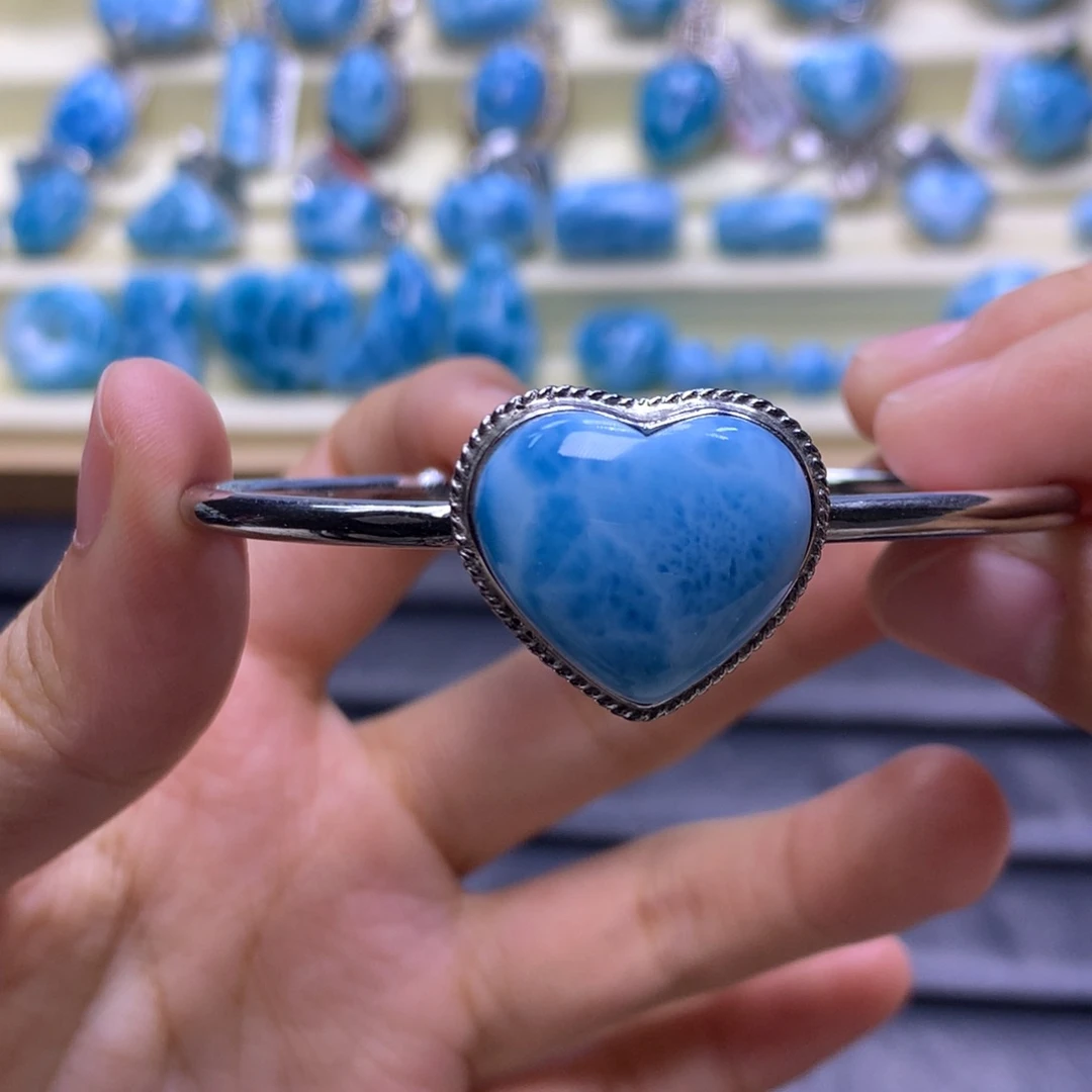 针钠钙石（海纹石）银S925镶嵌手镯爱心手镯色差略异