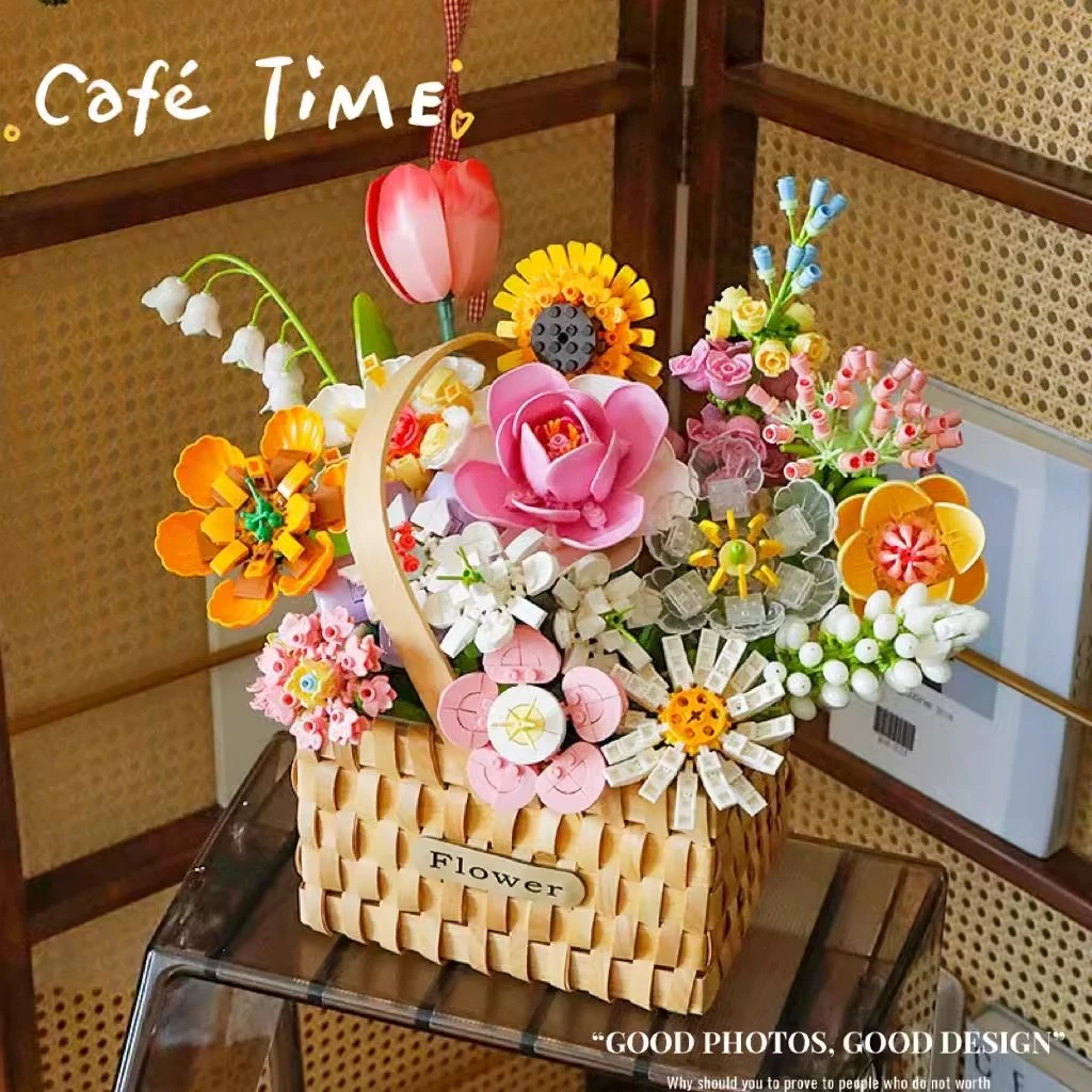 新款永生花束治愈花篮玩偶小熊益智拼装玩具礼物送女孩子生日礼物