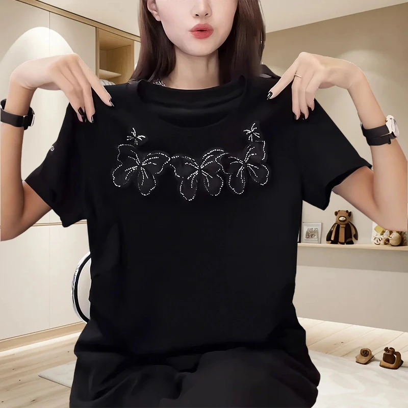 重工蝴蝶结刺绣t恤女短袖夏季2025新款日常通勤休闲品质女装上衣