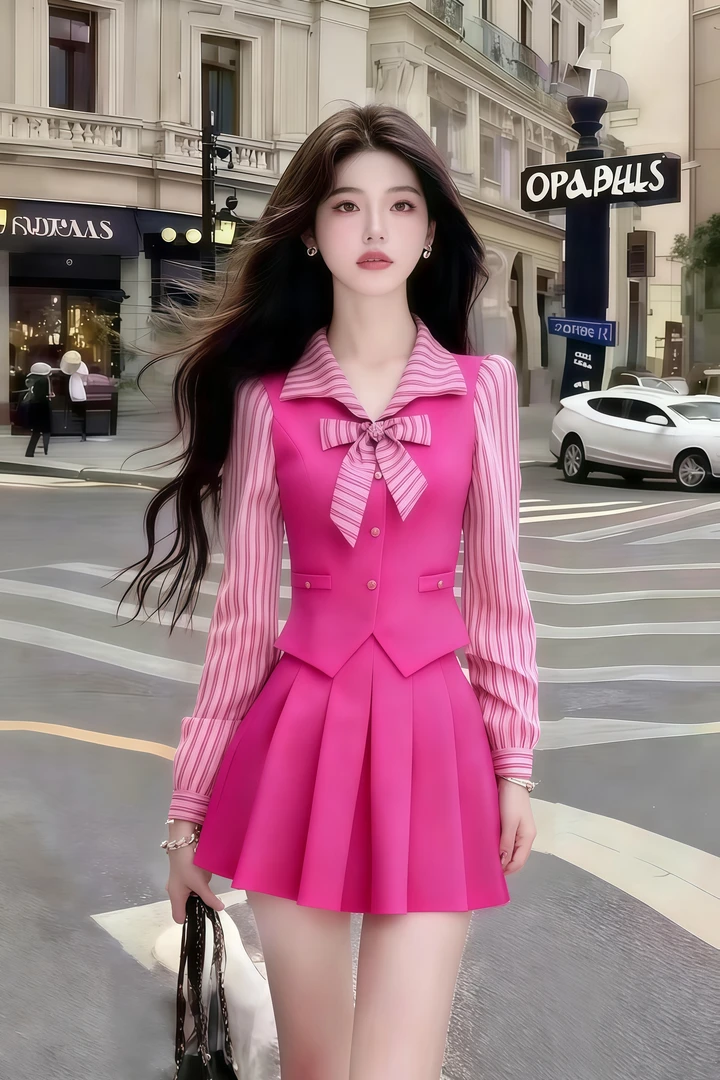 休闲通勤风玫红色条纹拼接长袖修身上衣+玫红色百搭高腰半裙套装