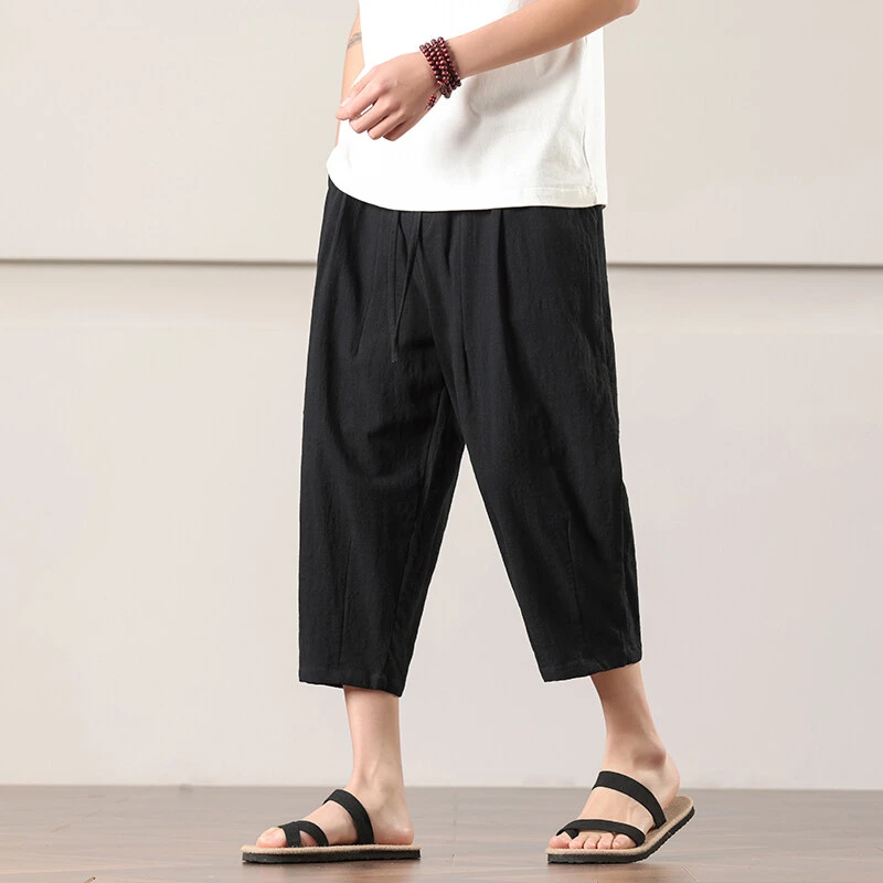夏季轻薄透气男士棉麻八分裤时尚运动七分裤阔腿裤九分宽松休闲裤