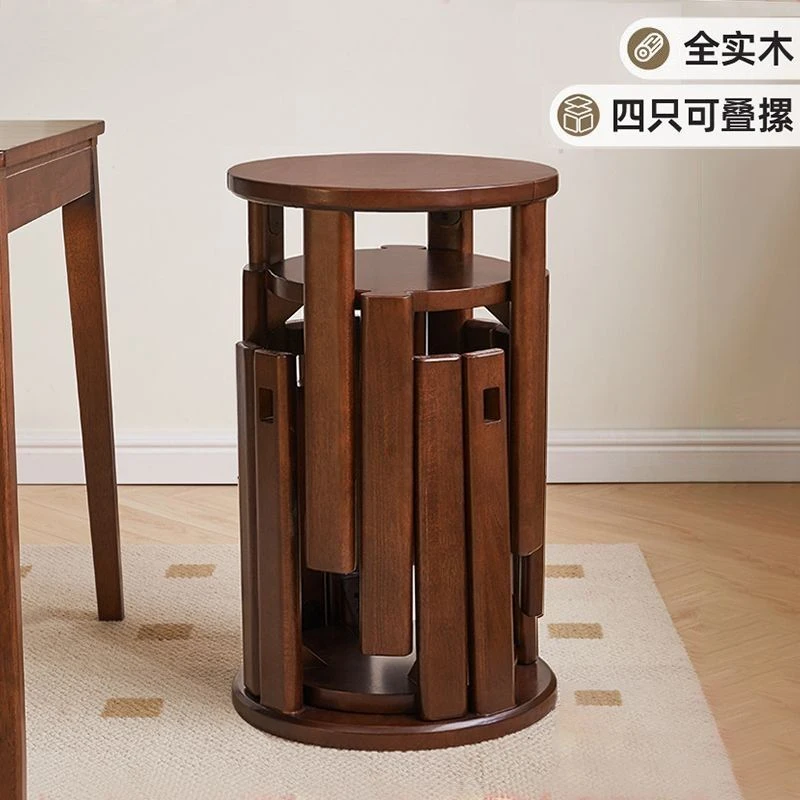 中古色茶几全实木凳子圆凳矮凳餐凳四合一叠叠椅床头柜小餐桌边几
