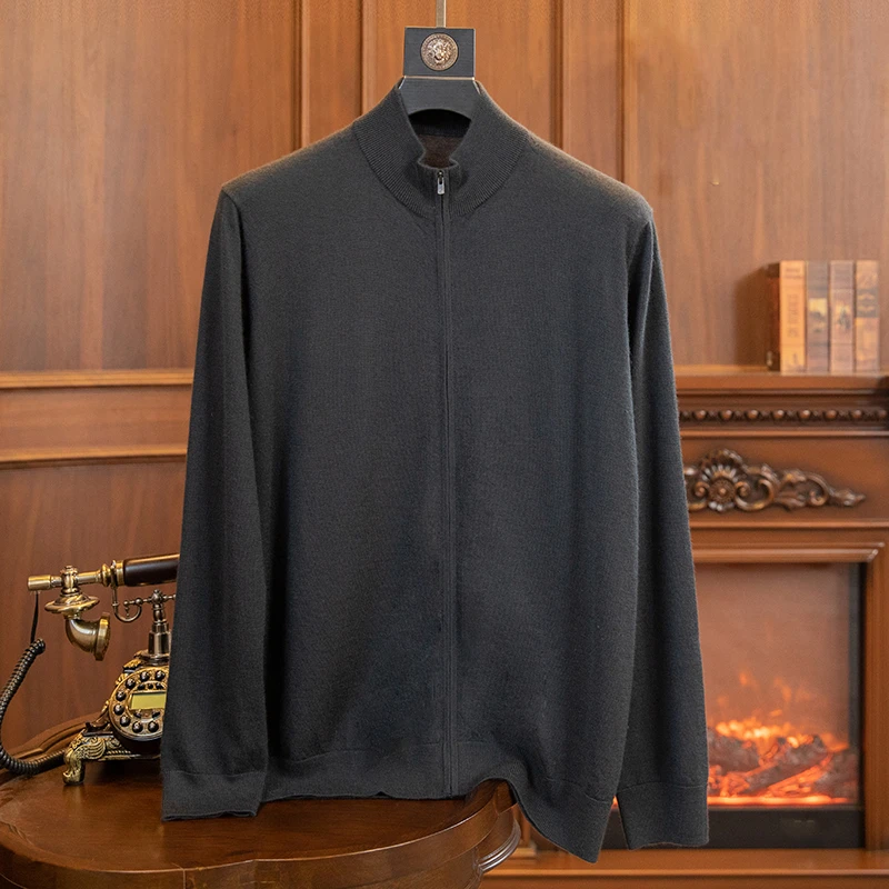 春季新款男精仿80支开衫100%纯山羊绒衫半高领拉链开衫超薄款打底