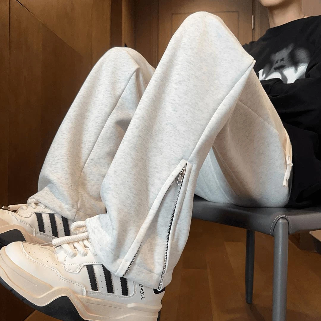 棉质卫裤男秋季裤脚拉链设计感运动裤潮牌痞帅宽松直筒休闲运动裤