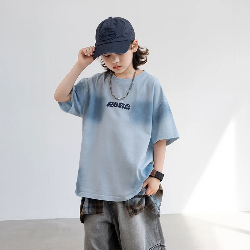 男童夏季短袖扎染渐变T恤2025新款中大童夏装半袖休闲宽松儿童潮t