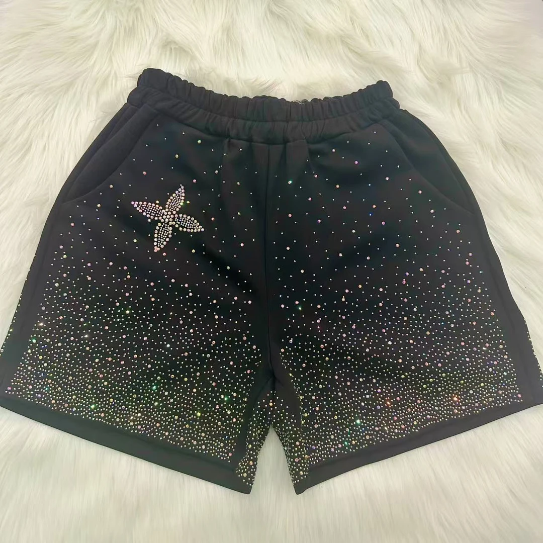 coco家时尚重工烫钻短裤显瘦气质休闲镶钻百搭轻奢满钻黑色短裤