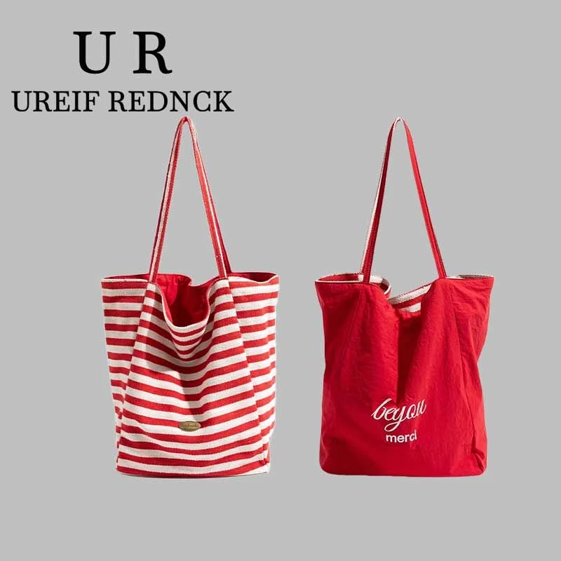 UREIF REDNCK大容量休闲通勤慵懒风条纹托特包双面单肩包日系环保