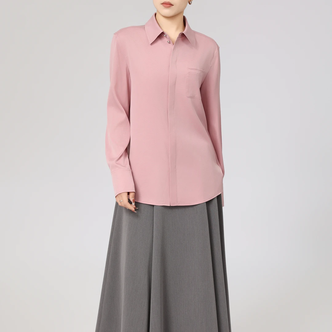 AMASS/阿玛施新款天然蚕丝翻领长袖常规衬衫百搭女士衬衣530048