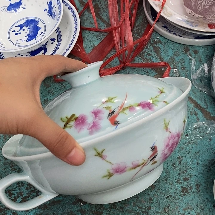 摆件影青水点桃花双耳品锅