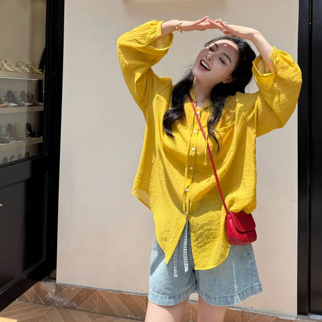 【午后阳光】亮黄色宽松休闲慵懒风刺绣连帽防晒衬衫衬衣夏季上衣