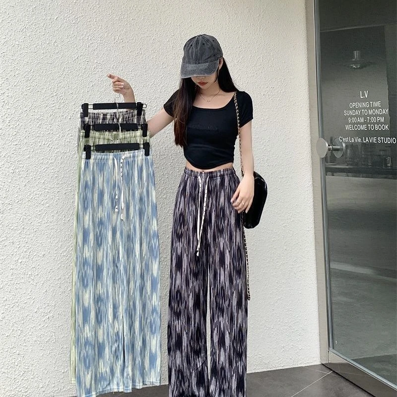 冰丝扎染阔腿裤女夏季薄款高腰垂感宽松显瘦直筒休闲裤子百搭矮个