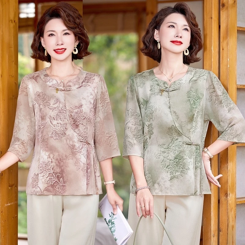 大码印花短袖雪纺衫女士夏季2025年新款洋气妈妈小衫宽松显瘦上衣