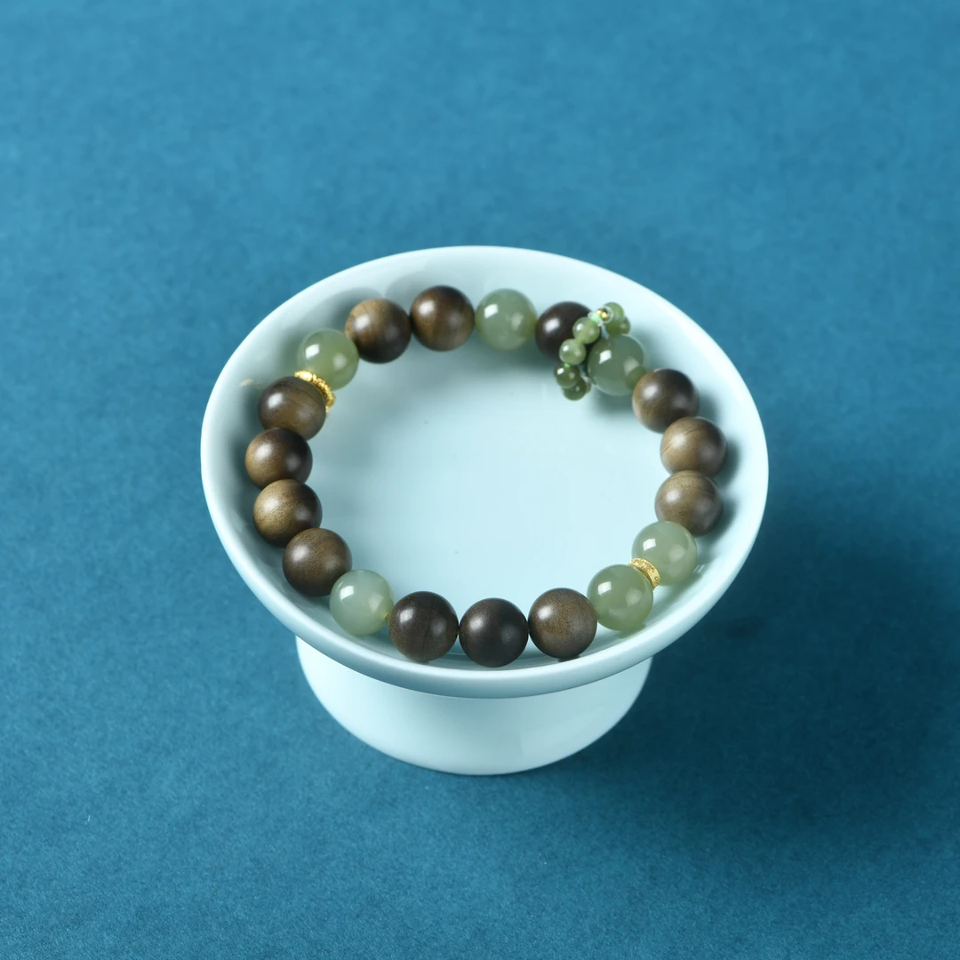 印度老山檀香阴沉料横纹1.0手链和田玉混搭款