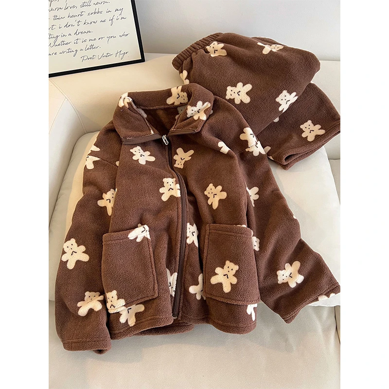 韩系慵懒风小熊印花珊瑚绒睡衣女秋冬季新款加厚保暖家居服两件套