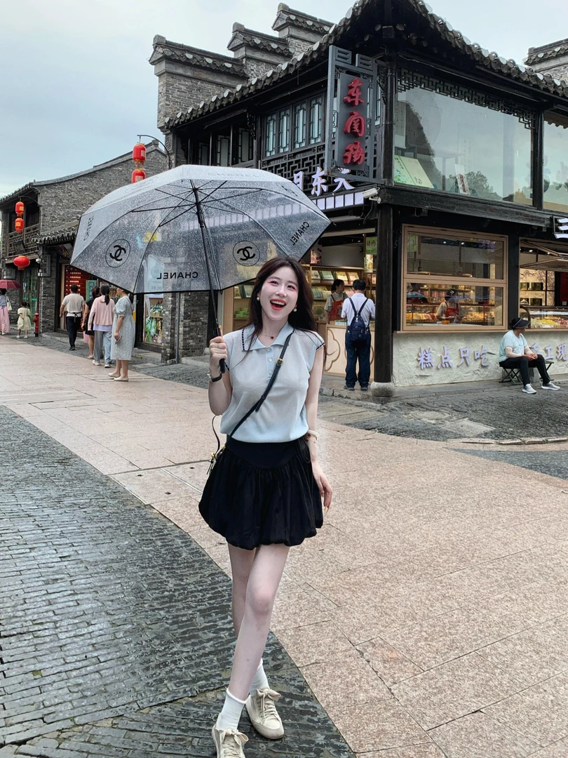 2025夏季新款法式撞色花边Polo领包肩袖针织上衣搭配花苞高腰短裙