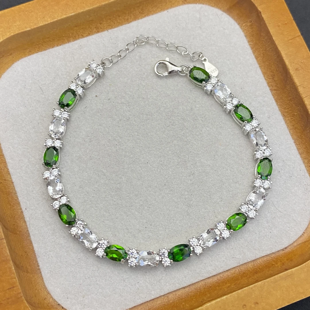 天然透辉石白水晶手链s925银 主石4*6mm轻奢精致华丽满钻百搭XS