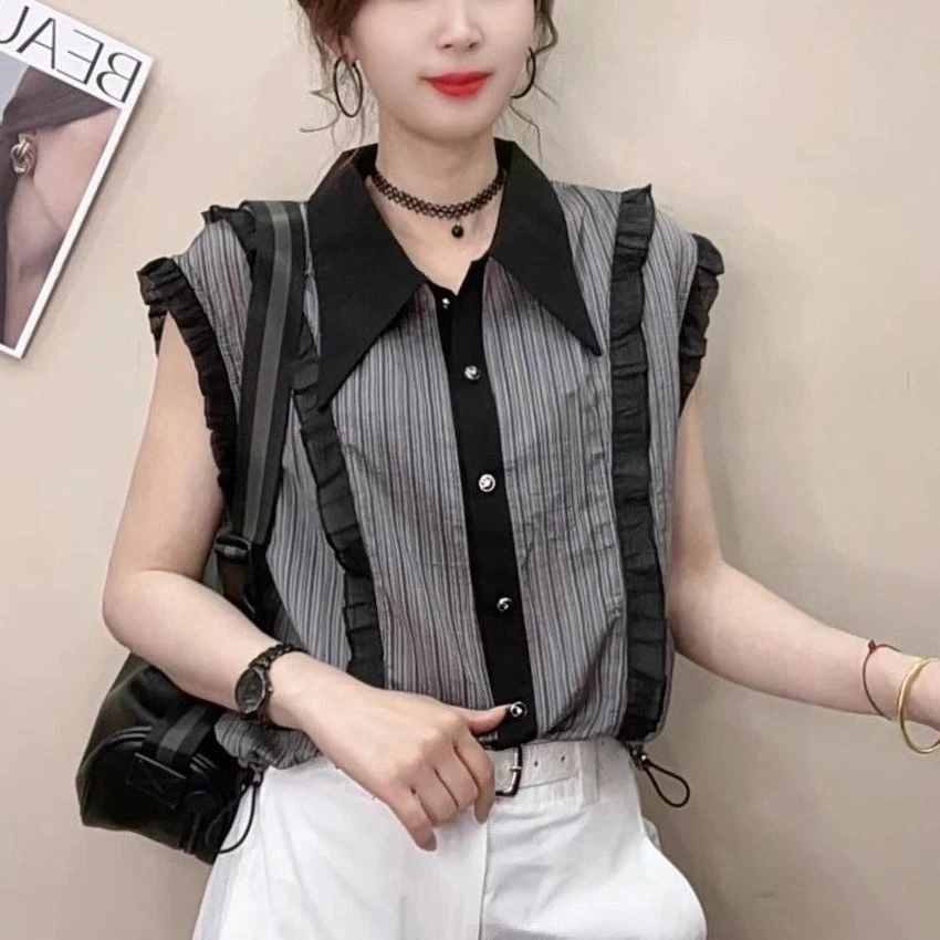 洋气翻领衬衫女2025夏季新款时尚拼接蕾丝花边无袖百搭显瘦上衣潮